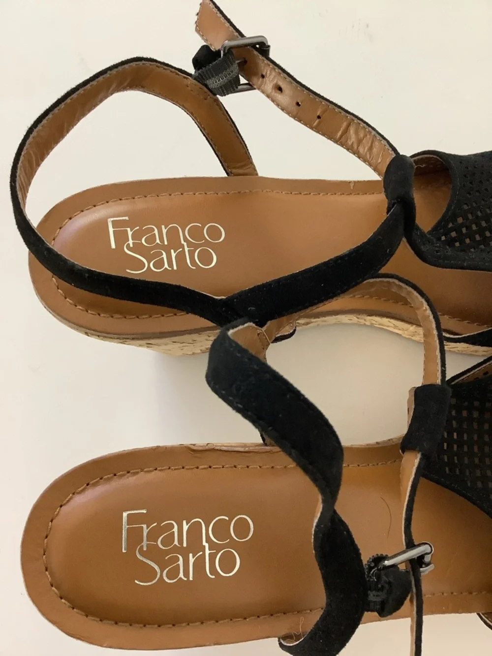 Franco Sarto Black Perforated T-Strap 4” Cork Wedge Sandals